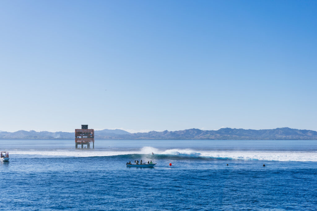Cloudbreak lineup and judging tower on the horizon, Fiji